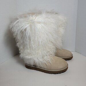 Ugg Australia Sheepskin Mongolian Tall Cuff Boots Wm's Size 7 Sand Tan w/ Box